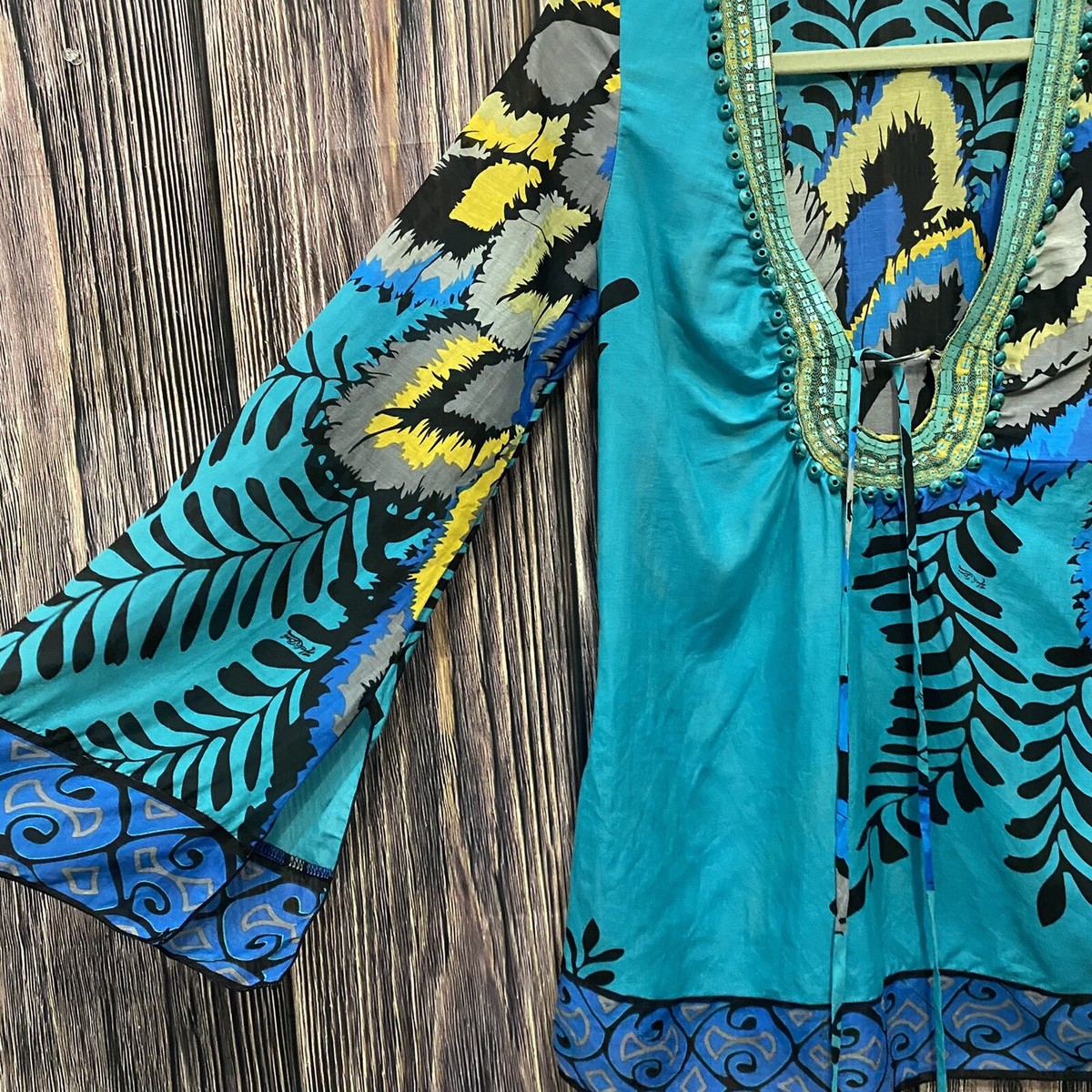 Hale Bob Cabana Cover Up Tunic Beaded Size XS Flare Sleeves Cotton