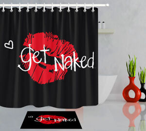 Waterproof Fabric Red Lips Black Shower Curtain Set Bathroom Rug 