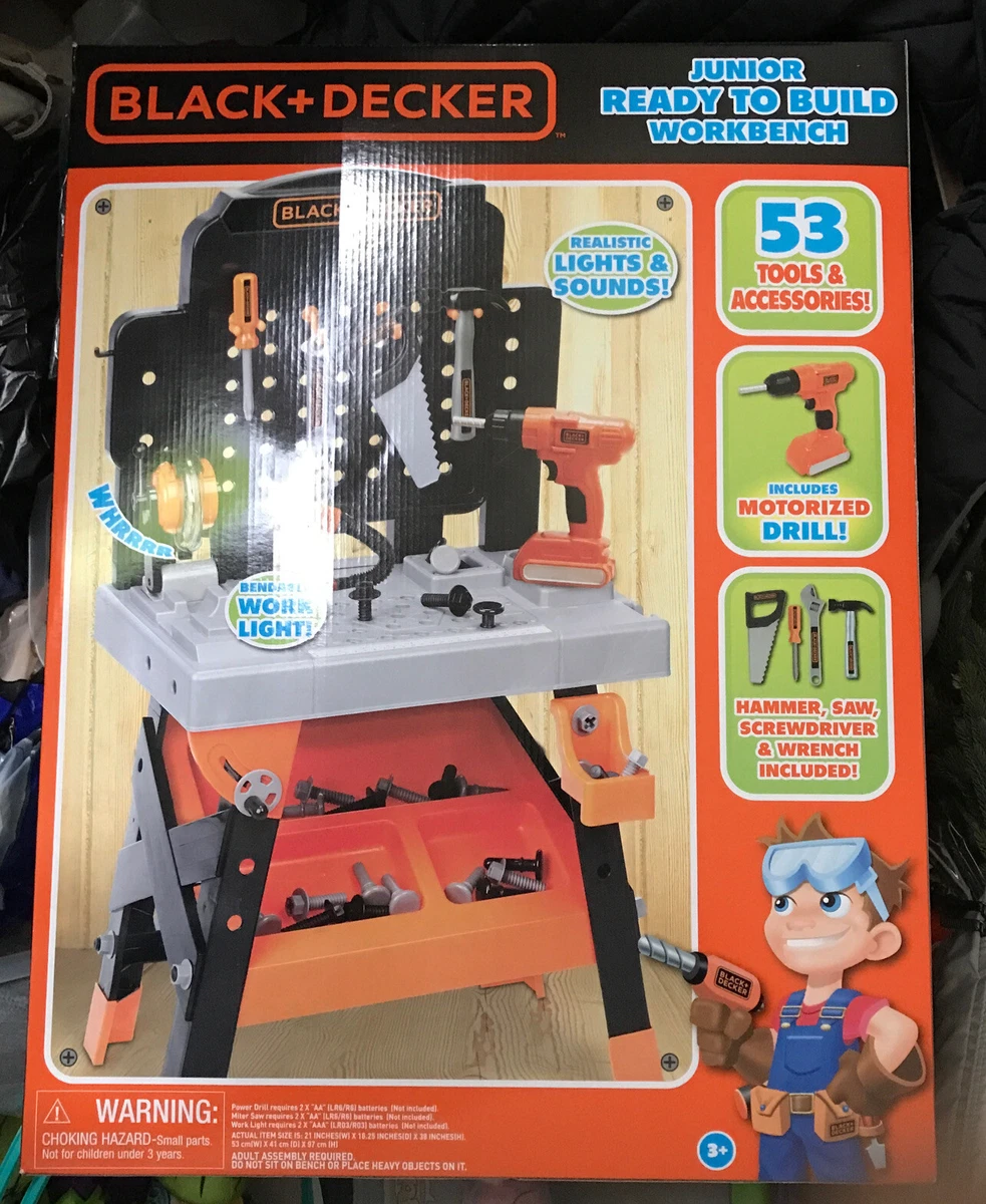 Black + Decker Junior Ready to Build Workbench Kids Play 53 Tools Sounds  Light 39897713816