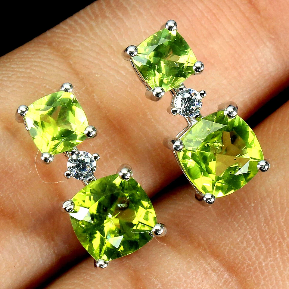 925 Sterling Silver Earrings Cushion Peridot 7mm Simulated Cz Gemstone Jewelry - Image 2 of 4