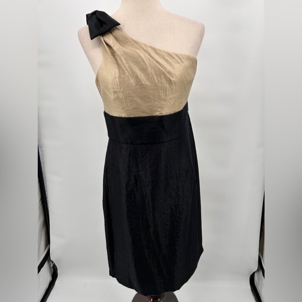 london times one shoulder dress London Times NWT One Shoulder Dress Size 12 Black Gold Bow Cocktail Party  Glam
