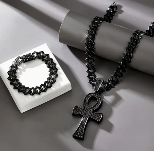 Black Ankh Cross Charms Jewelry Set Iced Out Shiny Cool Black Cuban Link Chain