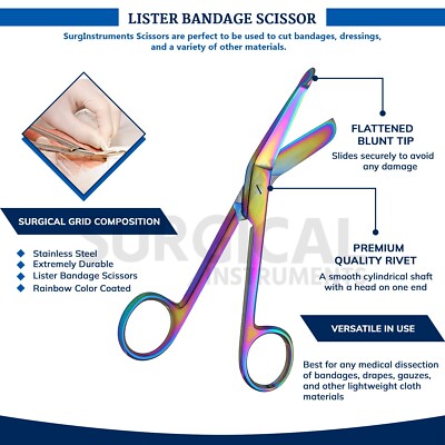 German Lister Bandage Scissors – Rainbow Titanium Multi-Color Nursing Shears For EMT, Nurse, Medical Use