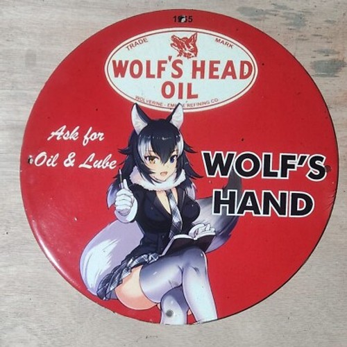 RARE VINTAGE WOLFS HEAD GAS OIL GIRL WOLVERINE LUBE PIN UP PORCELAIN ENAMEL SIGN