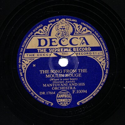 UK #1 1953  MANTOVANI 78  SONG FROM MOULIN ROUGE / VOLA COLOMBA  DECCA F10094 E-
