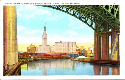 Union Railroad Terminal through Lorain Bridge Arch, CLEVELAND, Ohio Postcard