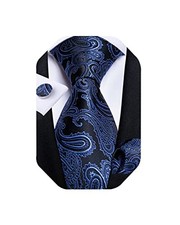 Mens Tie Set Silk Solid Paisley Necktie and Pocket Square Cufflinks Black Blue