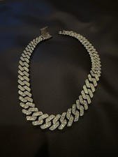 14mm Iced D Moissanite Miami Cuban Link Prong Chain Necklace Fine Silver