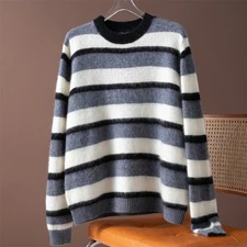 95% Wool 5% Cashmere Women Black White Strip Long Sleeve Pullover Sweater M1473