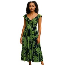 Lilly Pulitzer Women's Dress Silk Palm Leaf Green Blue Midi Sleeveless XS