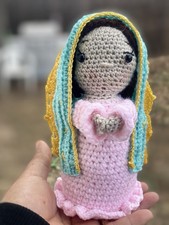 Handmade Crochet Crocheted Doll with Pink Dress and Blue-Yellow Hood Unique Gift