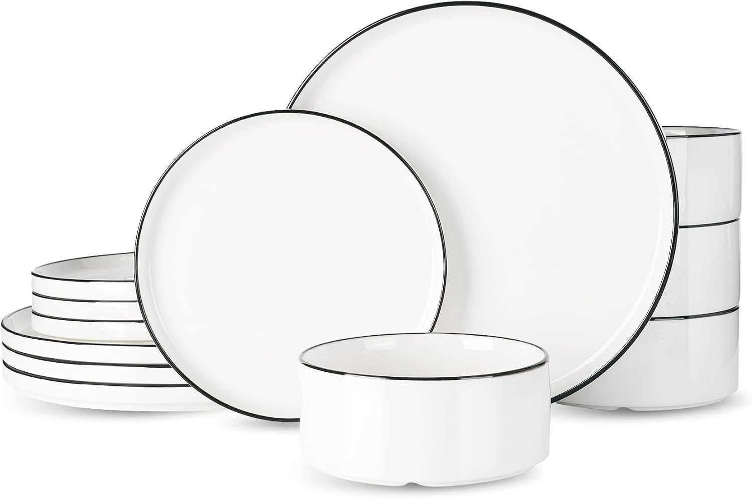 Famiware Porcelain Dinnerware Set, 4-Set(12pcs), White with Black Trim 
