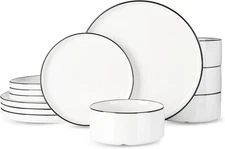 Famiware Porcelain Dinnerware Set, 4-Set(12pcs), White with Black Trim 