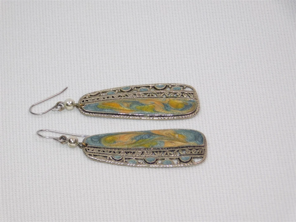 Pendientes colgantes vintage Edgar Berebi azul verde remolino esmalte tono plata Foto 3 de 4