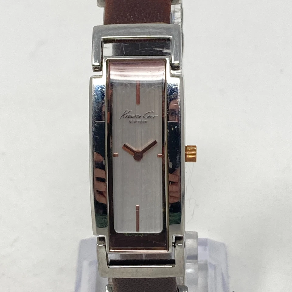 Kenneth Cole Tank Watch Women 17mm Silver Rose Gold Tone Leather New Battery 8" - Image 2 of 4