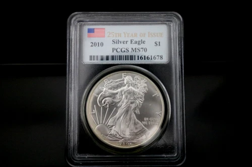 2010 US Silver Eagle $1 PCGS MS70 First Strike Flag Label~25Th Year of Issue!