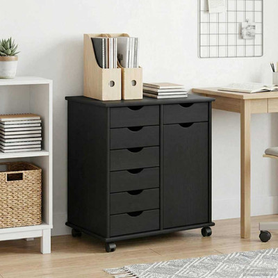 Rollschrank Schwarz 63,5x39x65,5 cm Massivholz Kieferholz 7 Schubladen 1 Einlegeboden fahrbar.