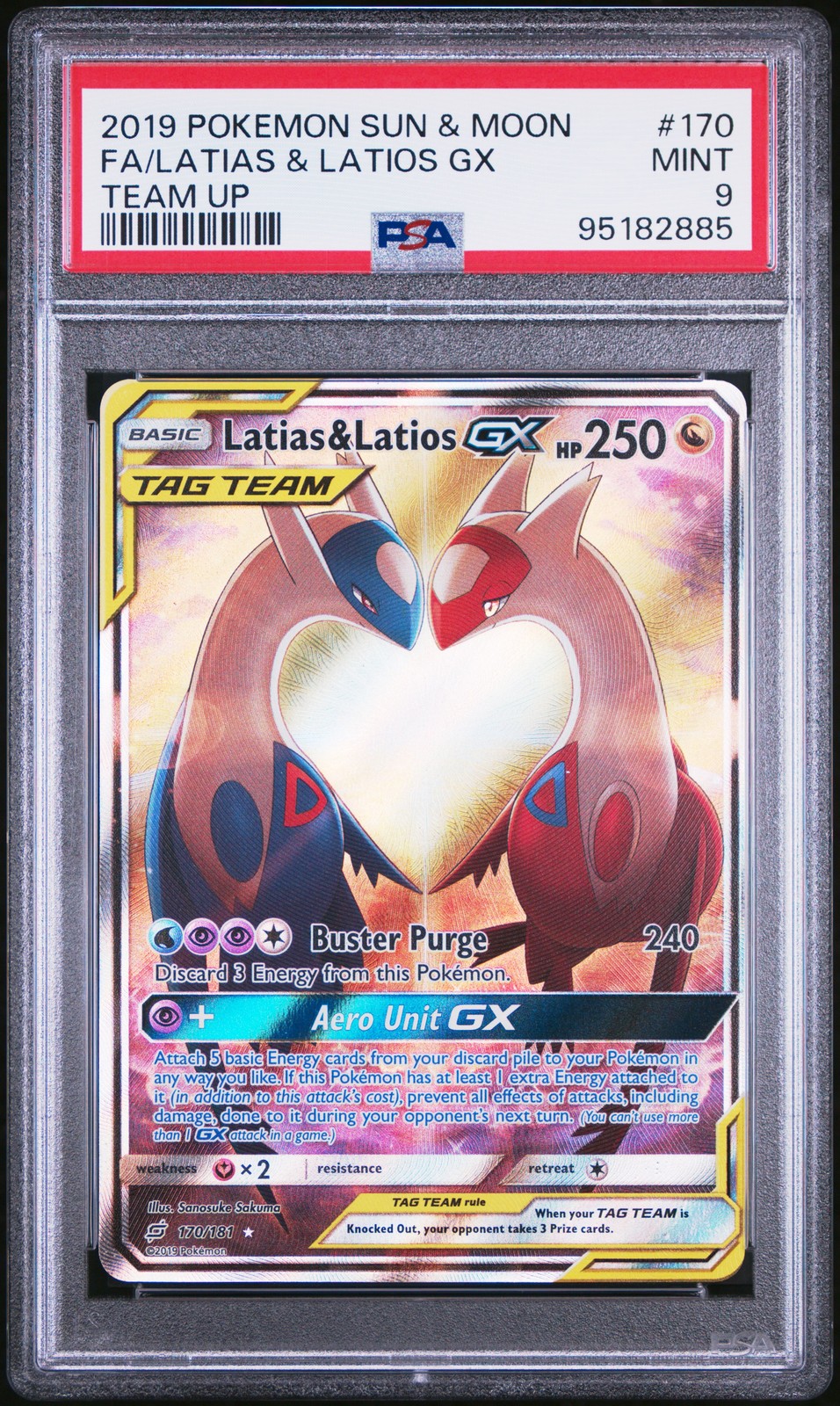 2019 POKEMON SUN & MOON TEAM UP #170 FULL ART/LATIAS & LATIOS GX PSA 9