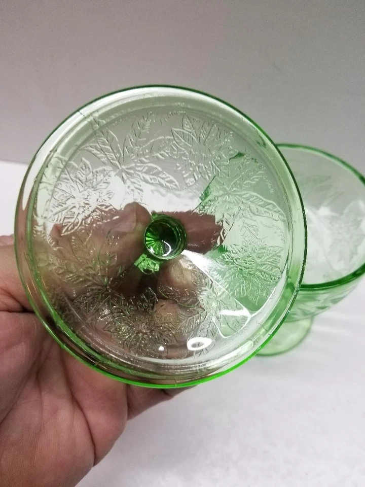 Jeannette Floral Footed Green Uranium Depression Glass Lidded 6" Candy Dish-MINT - Image 4 of 4