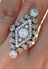 925 Sterling Silver Ring Art Deco Style Three Round Diamond Fine Filigree Design