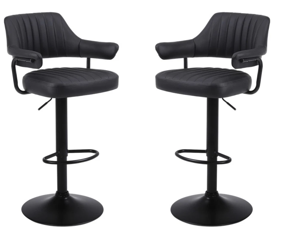 2 X PLUSH BLACK BAR STOOLS, GAS LIFT, BREAKFAST KITCHEN BAR PADDED ARMS & BACK