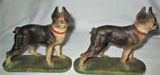 ANTIQUE HUBLEY TOY CAST IRON BOSTON TERRIER DOG BOOKENDS W/ ORIG. LABEL STICKER