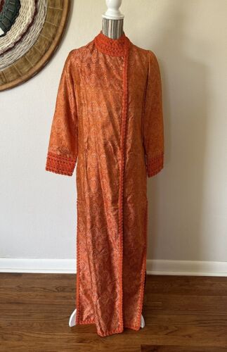 Vintage 70s Caftan Morrocan Robe Orange Tapestry Woman's M - Picture 1 of 10