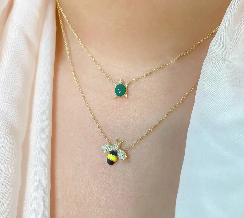 黑色黄色珐琅钻石蜜蜂吊坠项链 14K 黄金天然 0.09 克拉 — 第 2/2 张图片
