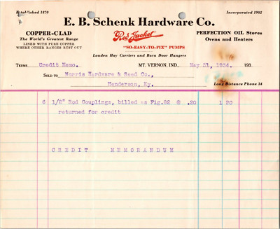 Schenk Hardware Co Mt Vernon IN 1934 Billhead Red Jacket Pumps Perfection Stoves
