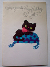Black cat on cushion embossed unsigned vintage 70's Birthday card SS17