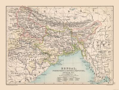 Historic Map - Bengal Region India - Bartholomew 1892 - 30.39 x 23