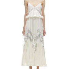 Self Portrait AMELIA Dress 0 XS White Pleated Bridal Lace Trim Maxi Dress V Neck