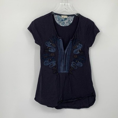 Meadow Rue Anthropologie top shirt blouse burn-out cotton navy blue stud Small