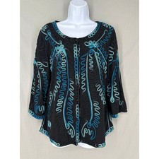 90s Vintage Jacket Medium Black Embroidered Cottage Western Boho Blue Bohemian