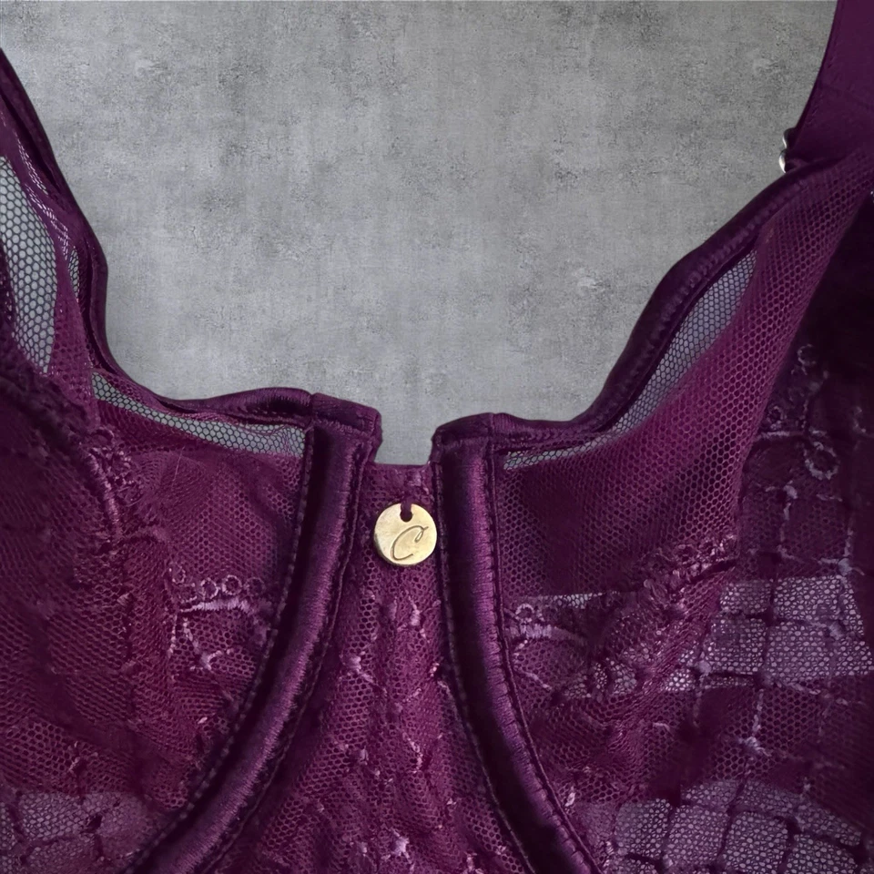 Cacique Underwire Unlined Burgundy Lace Balconette Bra Size 38DD Sexy Sheer - Image 3 of 4