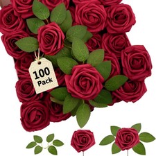 100Pcs Artificial Flowers Red Foam Fake Roses Bulk with Stems, Valentines Gif...