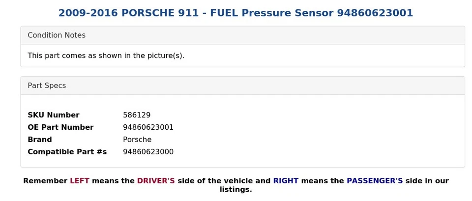 Porsche 911 2009-2016 - Sensor de presión de combustible 94860623001 Foto 3 de 4