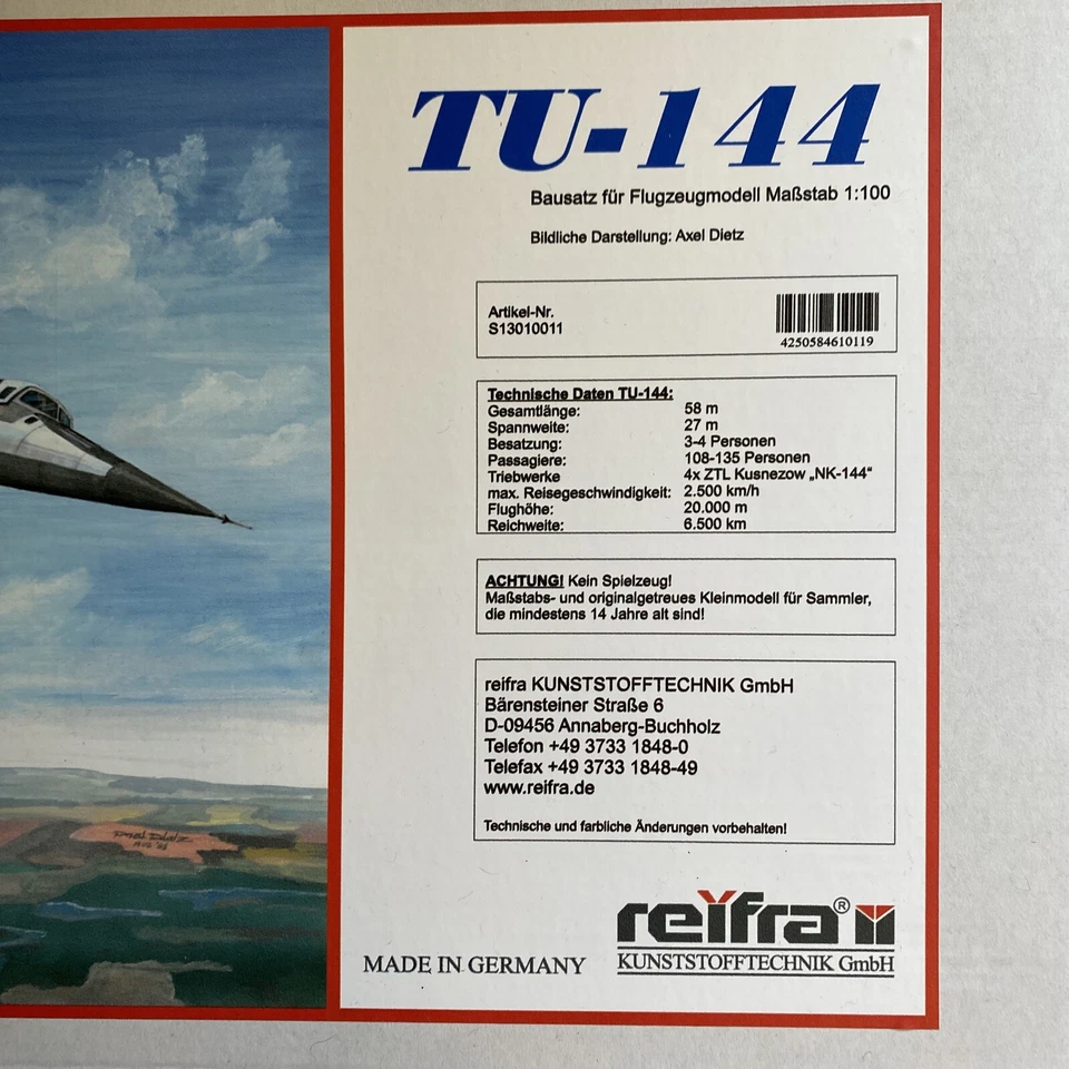 TU 144 Tupolew Modell Bausatz 1:100 Flugzeug Flugzeugmodell Plasticart reifra - Bild 3 von 3