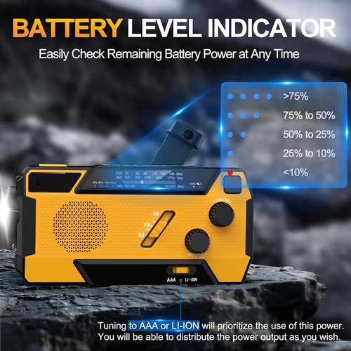 7400mWh Emergency Crank Radio, 3-in-1 Charge, Hand Crank, Solar, NOAA/AM/FM - Picture 4 of 8