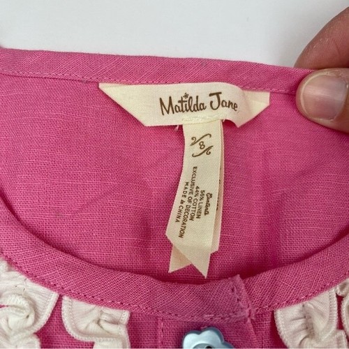 Matilda Jane Solid Pink White Trim Linen Blend Dress Girl Size 8 - Picture 2 of 5