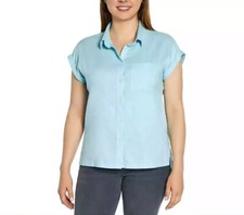 Orvis Women's Plus Size 3X Blue Linen Blend Button Short Sleeve Top NWT