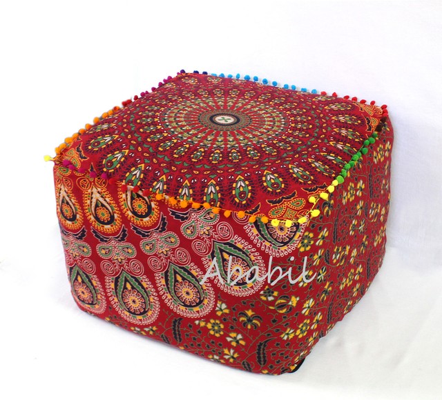 18X18" Square Ottoman Pouf Seat Cover Red Multi Mandala Indian