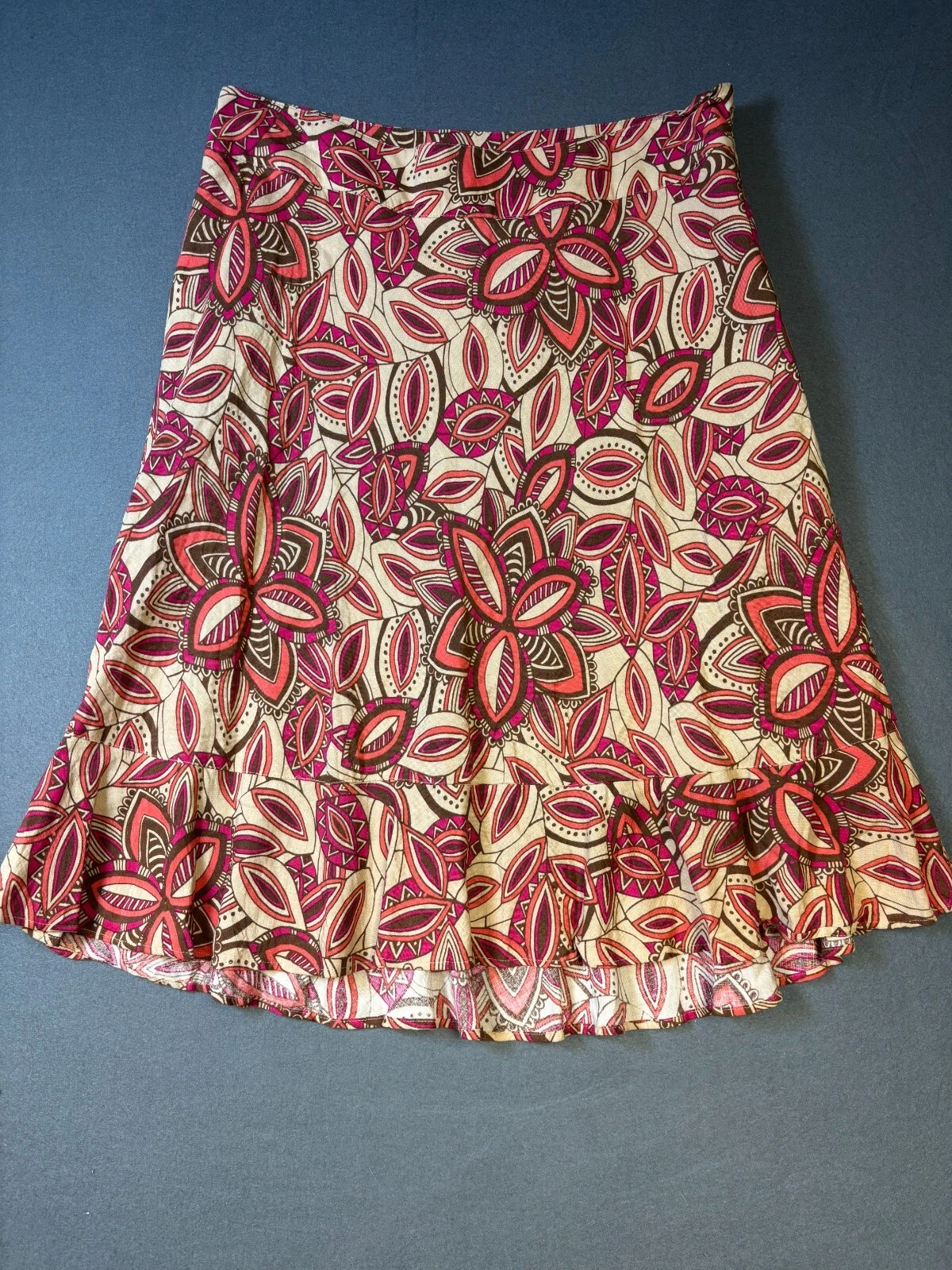 East 5th Fifth Women Size 16 Linen Long Midi Maxi Skirt Flared Brown Pink Salmon