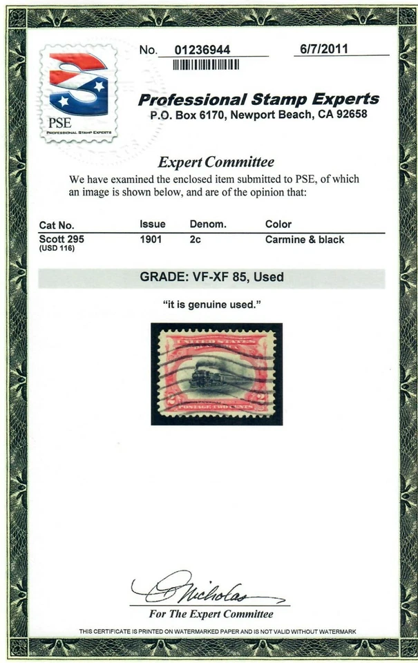 Scott 295 Used Premium Example PSE Graded VF-XF 85 - Image 2 of 2