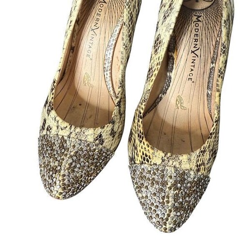 Modern Vintage Chunky High Heels Womens 37.5 Snake Embossed Studs Leather - Picture 3 of 12