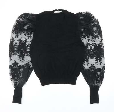 Yu & Me Damen Pullover schwarz Rundhals Blumen Viskose Mischung Größe S