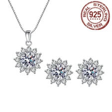 Women 925 Sterling Silver Flower Earrings and Necklace Cubic Zircon Jewelry Set