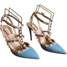 Valentino Garavani Rockstud  Blue Ciel Leather T Ankle Strap Pumps EU 38 US 8
