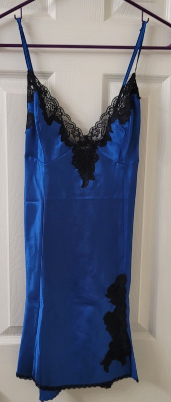VTG NWOT FREDERICK'S OF HOLLYWOOD Nightie Chemise Slip Dress Blue Satin Large