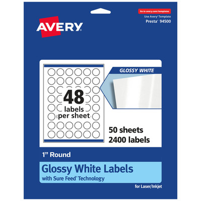 Avery Round Labels Sure Feed Technology 1 Diameter 2400 Glossy White Labels